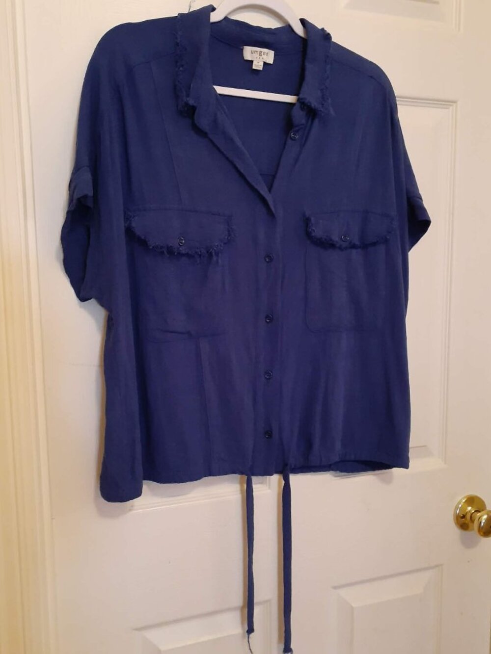 UMGEE Linen Blend Collared Button-Down Tunic Top with Fringe Detail